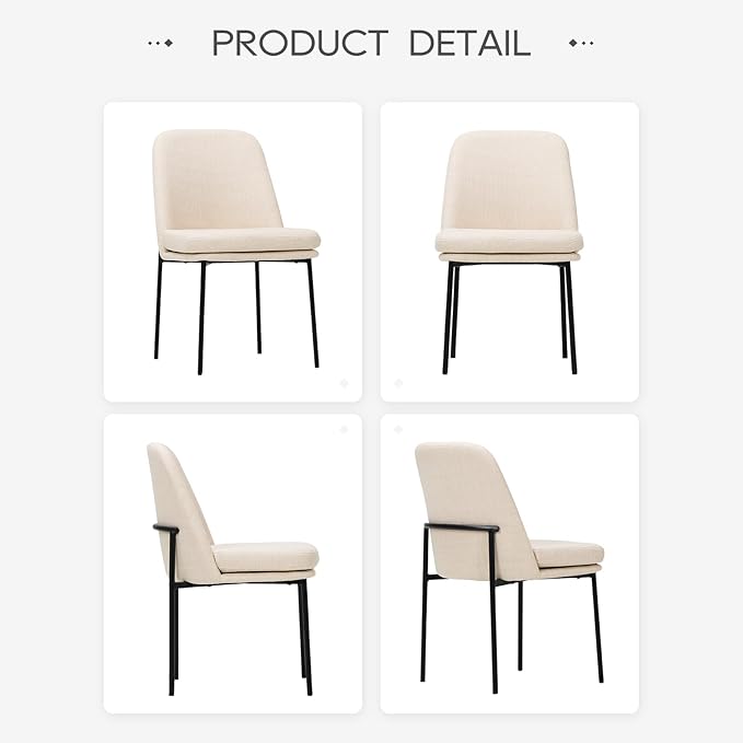 COLAMY Dining Chairs Set of 6, Fabric Upholstered Dining Room Chairs Dinner Chair Stylish Kitchen Chairs with Curved Back and Metal Legs, Beige