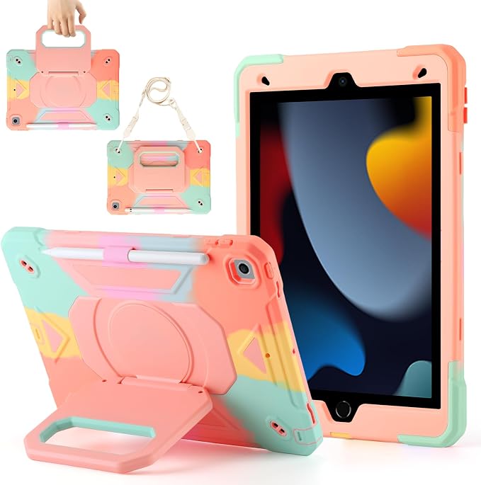 Case for iPad 9th Generation (2021) /iPad 8th Gen (2020)/iPad 7th Gen (2019) Military Grade Shockproof iPad Case Built-in 360°Rotating Stand/Pen Slot/Shoulder Strap for iPad 10.2 (Black)