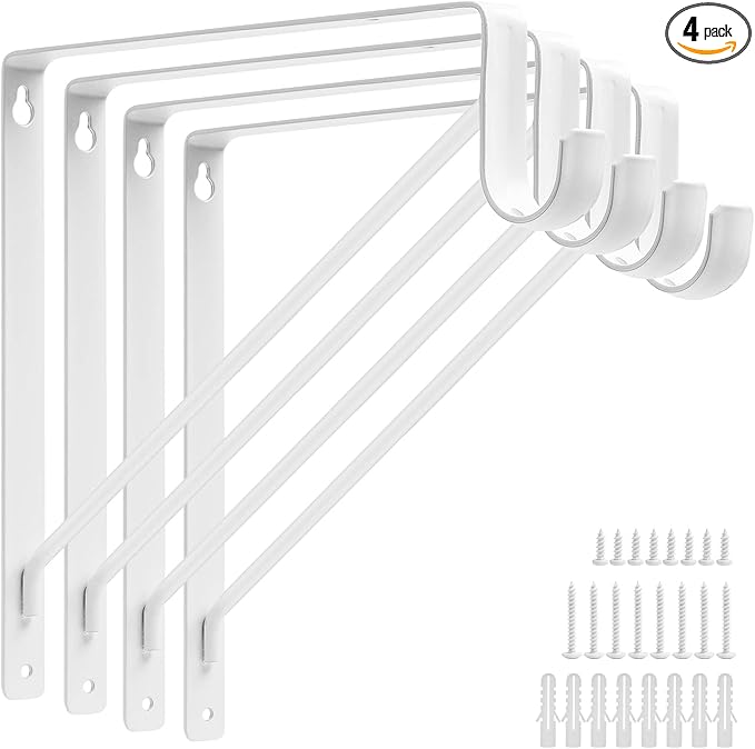 4 Pack Heavy Duty Closet Shelf Rod Brackets 11x11 Inch, 300lbs Wall Mount Closet Shelves Bracket with Rod Shelving Support, Closet Pole Support Bracket with Fixed Hardware, White