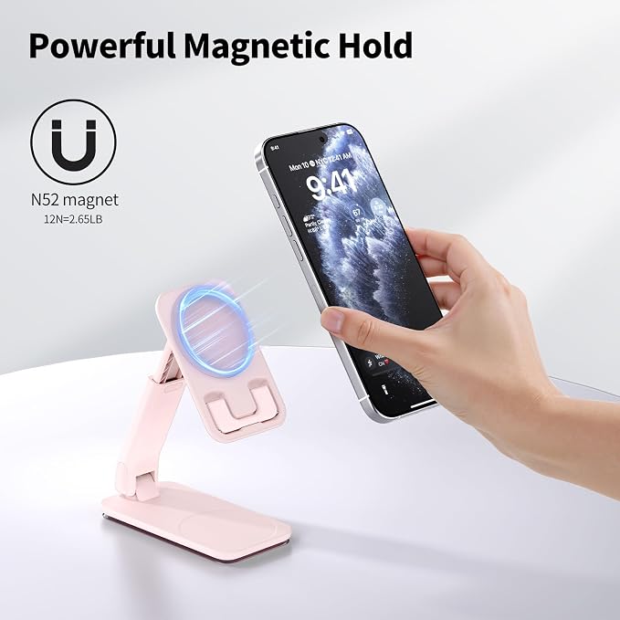 iWALK Magnetic Cell Phone Stand for Desk Angle and Height Adjustable Mobile Phone Holder Foldable Magnet Stand for iPhone 17 16 15 14 13 12 Pro Max and iPad Cell Phone Holder for Samsung Black