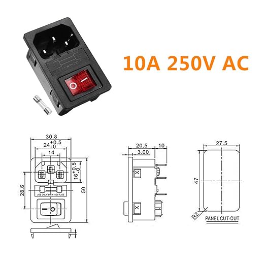 Ganasome 2 Sets IEC320 C14 Inlet Module Power Socket - AC 250V 10A, 4 Terminals, DPST Rocker Switch with Fuse Holder & Red Light, Panel Mount for Lab, Fitness & Industrial Equipment
