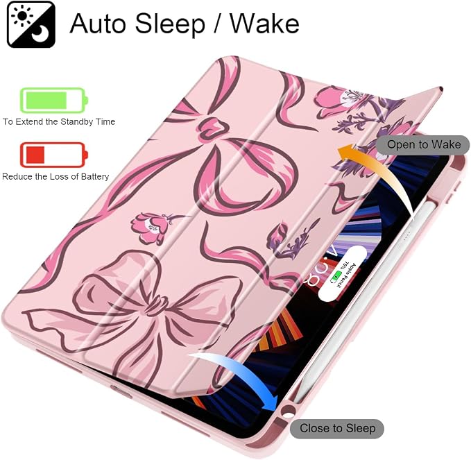 Mektron Case for iPad Pro 11 inch Case M2 2022 Generation 4th Fit 2021 2020 2018 iPad Pro 11 (3rd 2nd &amp 1st Gen) -Buit in Pencil Holder with Shockproof Cover Clear Shell Blue Bows &amp Flower