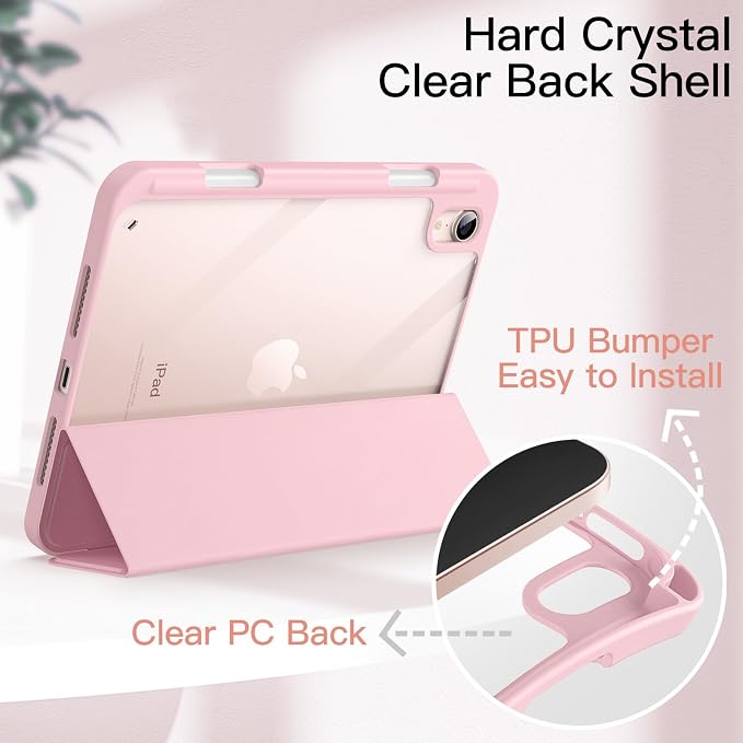 JETech Case Cover for iPad mini A17 Pro/6th Gen (2024/2021) Black | Clear Transparent Back Pencil Holder Slim Shockproof Protection Tri-Fold Stand Auto Wake/Sleep