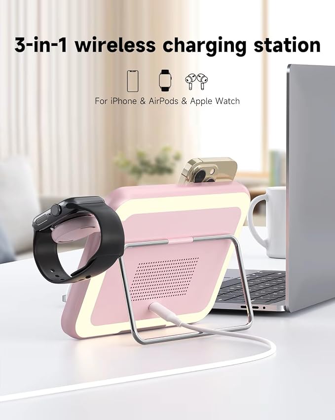 Tron 3 in 1 Qi Wireless Charger Mirror Pink Include led 6 ft Led Cable and 25w Power Adapter. Pink Color
