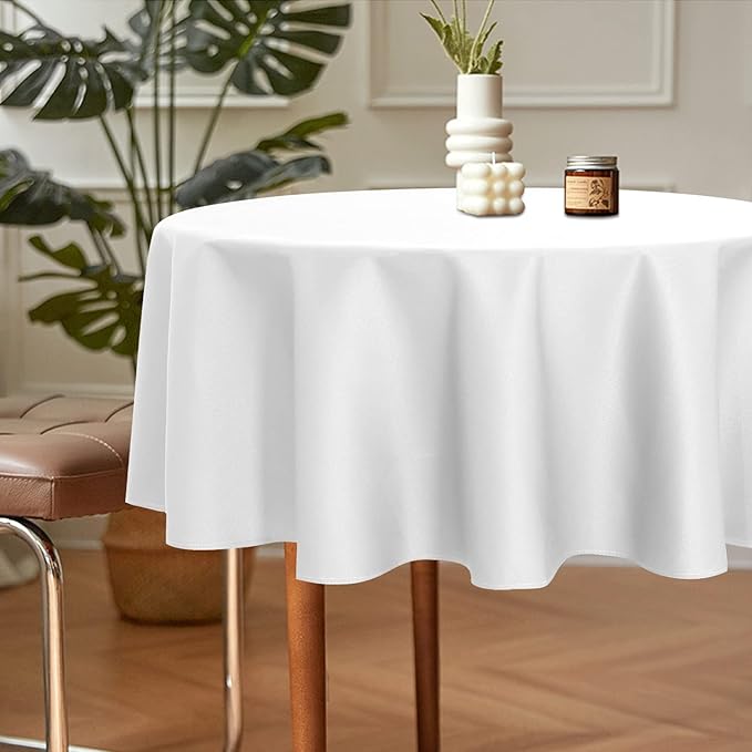sancua 2 Pack Round Tablecloth 60 Inch White (Fits 20-48 Inch Tables), Stain and Wrinkle Resistant Table Cloth - Washable Polyester Table Cover for Dining Tables, Buffet Parties and Camping