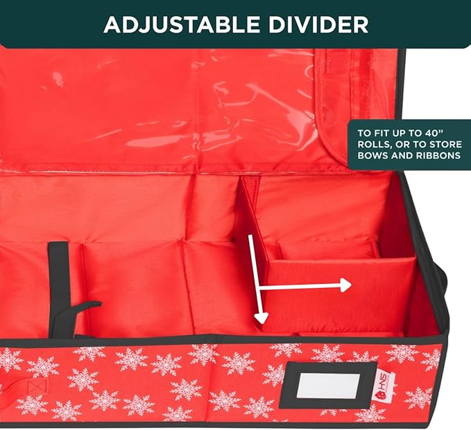 HOLDN' STORAGE Premium Wrapping Paper Storage Container - Durable 600D Tear-Proof, Fits 27 Rolls Gift Wrap, Extra Pockets for Ribbons & Bows, Underbed Storage - Ideal for Holiday Christmas, Red/White Snowflakes