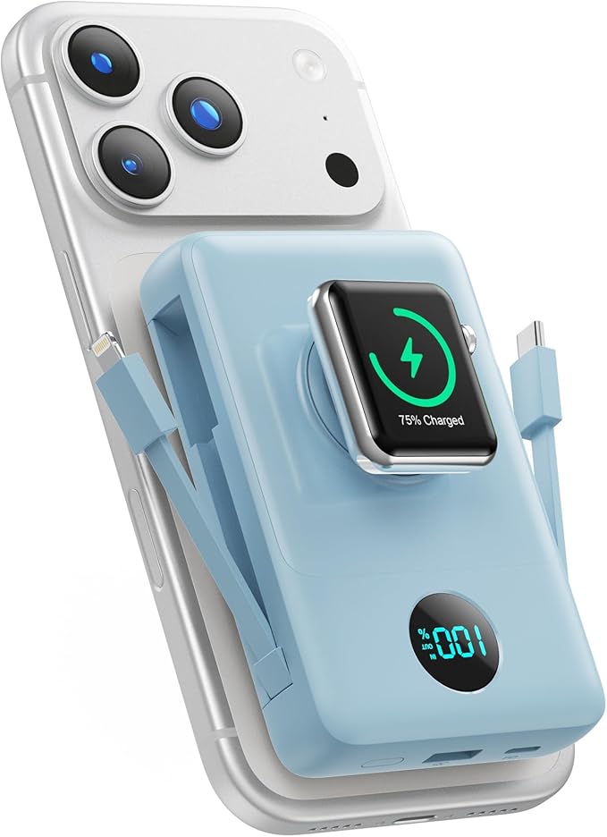 6 in 1 Magnetic Portable Charger for iPhone with Built-in Cables, 10800mAh 25W PD Fast Charging Power Bank, 6 Outputs Travel Essential Battery Pack for iPhone 17/16/15/14/13/12,Apple Watch (Sky Blue)