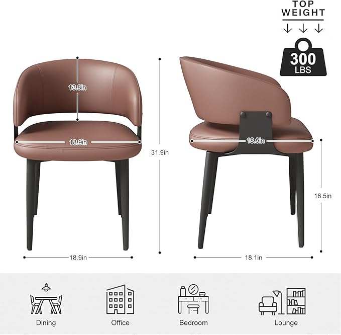 Modern Dining Chairs Set of 4, Faux Leather Upholstered Kitchen Chairs with Curved Back and Metal Legs, Mid Century Chairs for Dining Room, Kitchen, or Café (Brown)
