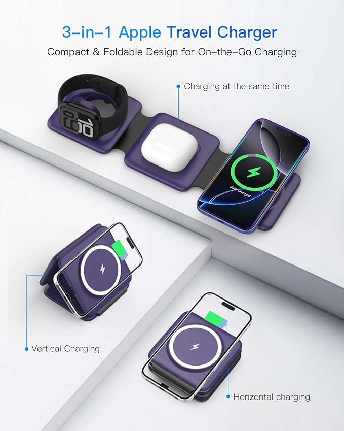 Iseyyox Charging Station for Mag Safe Apple - 3 in 1 Magnetic Foldable Wireless Charger Pad - Travel Charging Mat for iPhone 16 15 14 13 12 Pro Max Plus Watch & Airpods