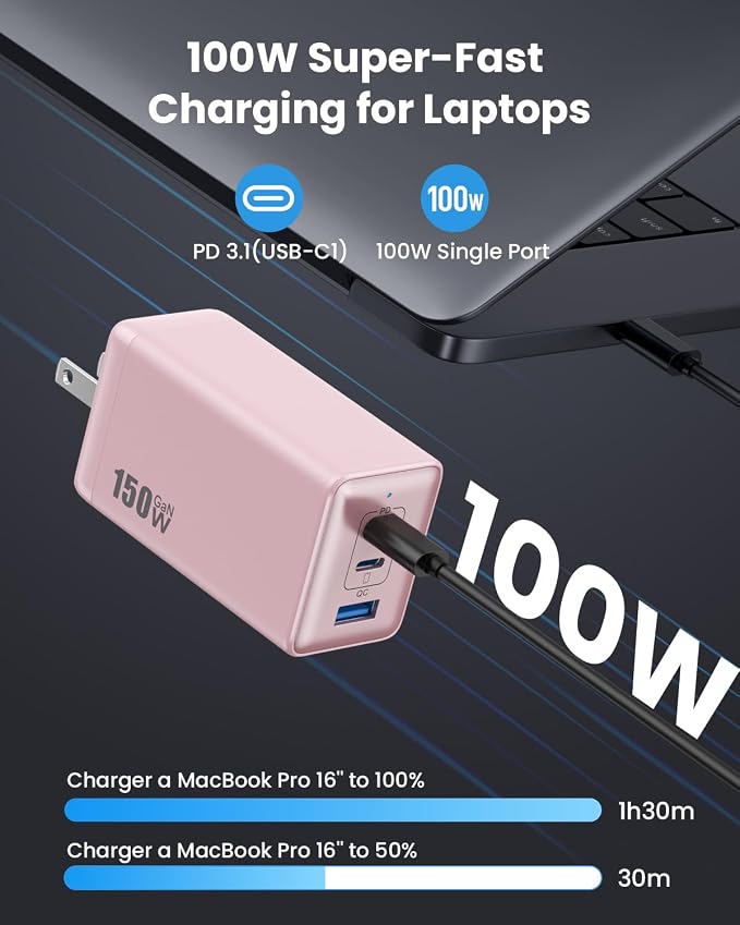 150W USB C Charger BlockGaN III Compact Foldable Wall Charger 3 Port Fast Charging StationPD QC PPS Portable USB C Hub 100W Laptop Adapter for MacBook Pro/AiriPadiPhone 17/ProGalaxy S24Dell etc