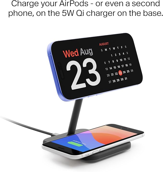 Twelve South HiRise 2 Deluxe 2-in-1 Wireless Charging Station for Apple Devices - Qi2 MagSafe Charger, Fast Wireless Charger Stand for iPhone 15 14 13 12 Pro & Max Series, AirPods Pro/3/2, Black
