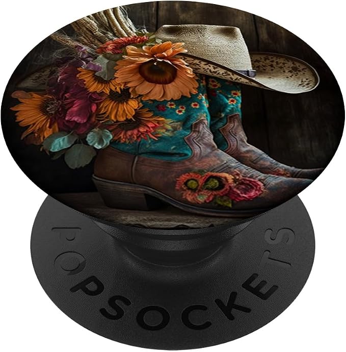 Boho Cowgirl Boots with a Flower Feather Hat for Western Rod PopSockets Adhesive PopGrip
