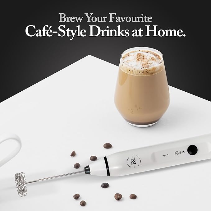 RAHM ROAST Frother Handheld - Powerful Coffee Frother Wand Rechargeable, Ultra Fast Milk Frother Handheld, Electric Whisk Drink Mixer with Stainless Steel for Coffee, Lattes, Matcha | White