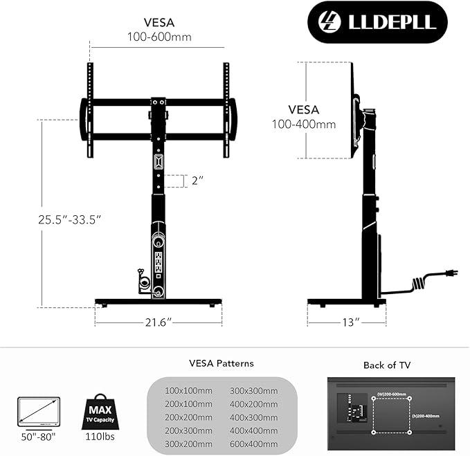 LLDEPLL Universal TV Stand Tabletop TV Mount with Power Outlet for 50-90 Inch OLED LED Monitors, 9 Levels Height Adjustment, Ambient Lighting on The Bottom Holds up to 150lbs, Black 600x400mm