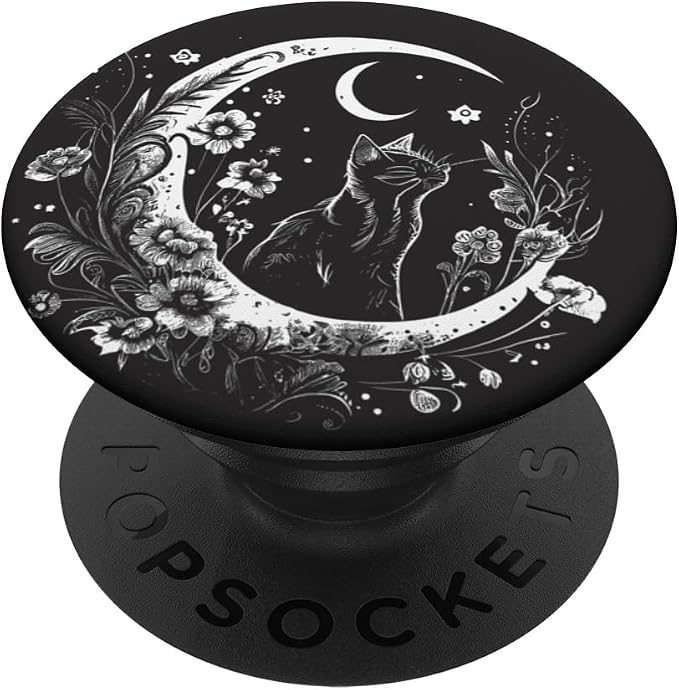 Cat Sitting On Crescent Moon Flowers Stars Drawing PopSockets Adhesive PopGrip