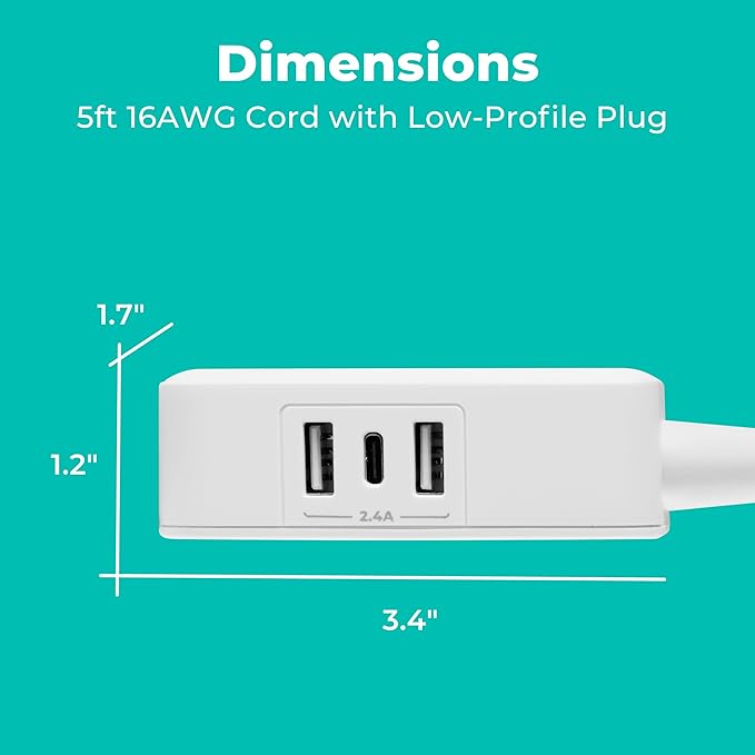 KMC 2-Outlet Mini Surge Protector Power Strip, 1 USB-C & 2 USB-A Ports, 245J Surge Protection, 5ft Braided Cord, 3-Prong Low-Profile Flat Plug, UL/ETL Certified, White