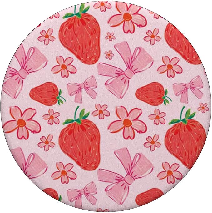 Cute Pink Strawberry Bow Pattern Girly Aesthetic Flower PopSockets Adhesive PopGrip