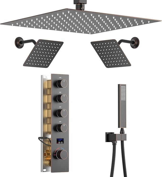 KATAIS Oil Rubbed Bronze Digital Display Shower System with 12 inch Ceiling Mounted Shower Head and Wall Mounted Two Shower Head(8 inch), with Handheld Shower