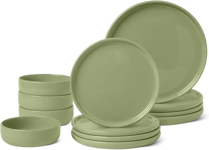 Amazon Basics Glazed Stoneware Dinnerware, Ceramic 12-Piece Set, 4 Full Place Settings, Dishwasher-Safe, Olive