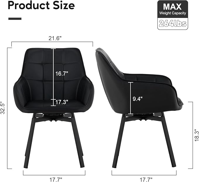TUKAILAi Swivel Dining Chairs Set of 6, Faux Leather Upholstered Accent Dining Chairs with Metal Legs, Rotatable Armchairs Desk Chair for Home Office Kitchen Restaurant Modern (Black)