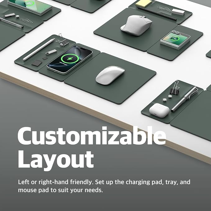 POUT H3 Split Max 3-in-1 Wireless Charging Mouse Pad – Fast Qi Charger Mousepad Mat and Magnetic Tray Organizer – Compatible with Smartphones and Earbuds (Deep Green)