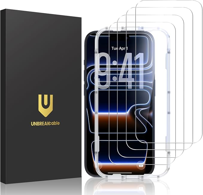 UNBREAKcable 4-Pack iPhone 15 Screen Protector 9H Hardness | 9H tempered glass | 99.99% HD clarity | Double Shatterproof|alignment frame easy install | case-friendly