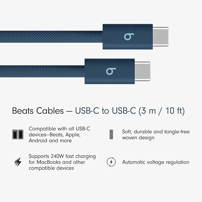Beats 240W USB-C to USB-C Braided Cable Fast Charging Durable/Tangle Free Compatible with Apple and Android Devices (3 m/10 ft) – Bolt Black