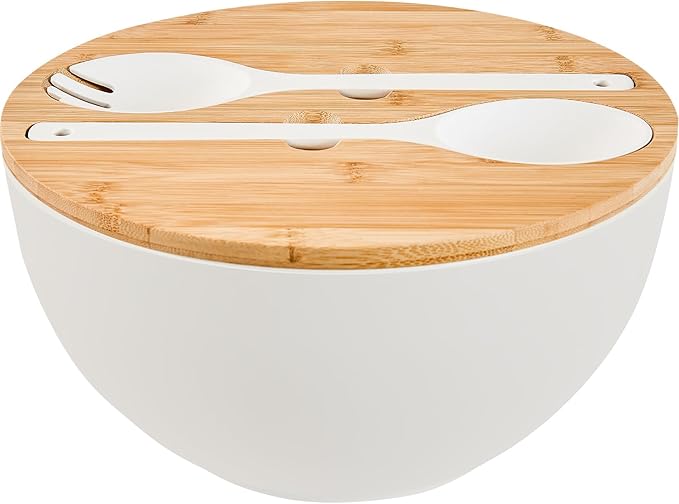 GEHE 12" Salad Bowls, Bamboo Fiber Salad Bowl with Lid, 7.7Qt Extra Large Mixing Bowls with Servers for Kitchen, Salad Serving Bowl Set with Utensils for Salad, Pasta, Fruits, Vegetables and Dessert