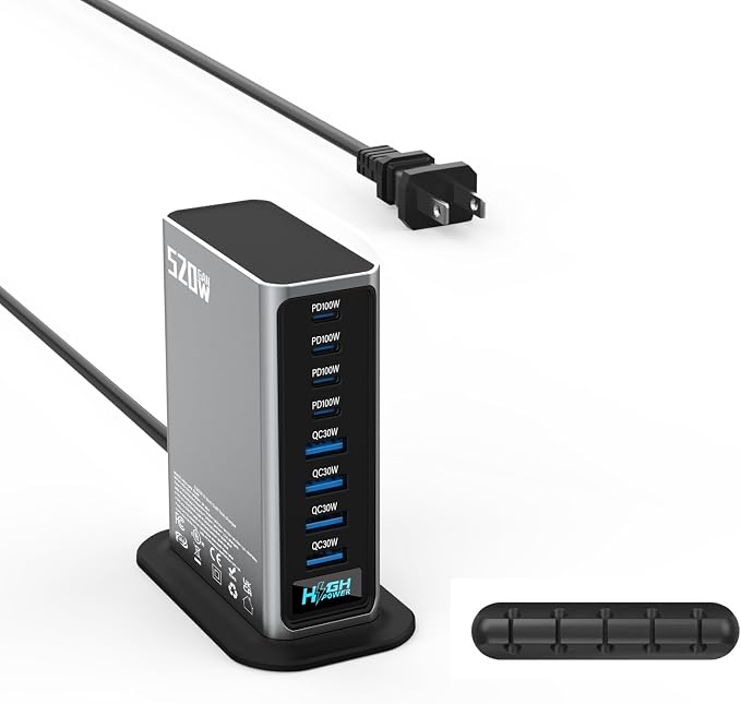 520W USB C Charger Station 8-Port (4C+4A) GaN Fast Charger Block 100W PD PPS for MacBook/iPad/iPhone with PFC &amp Anti-Slip Base Ventilation Design Include 1.5M 100W Cable &amp Cable Organizer