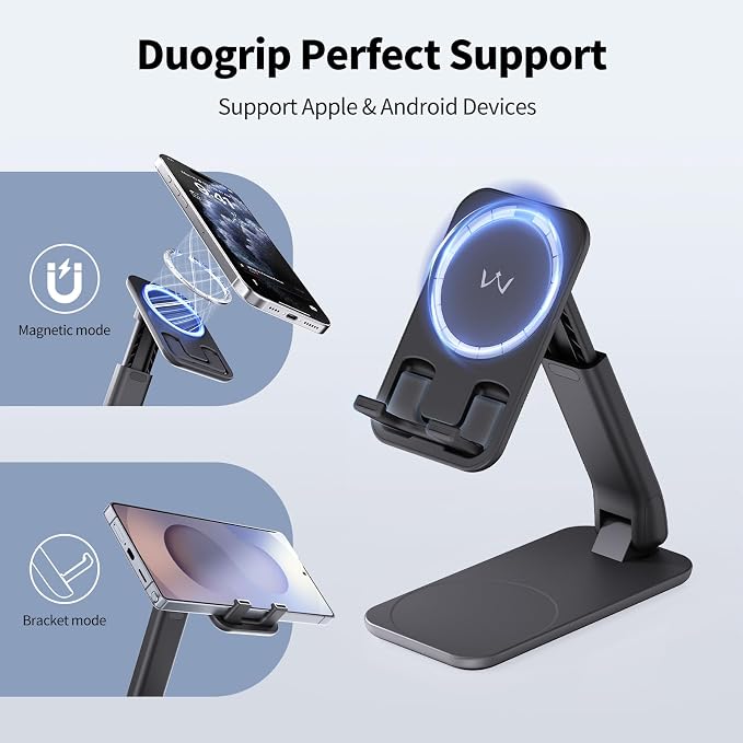 iWALK Magnetic Cell Phone Stand for Desk Angle and Height Adjustable Mobile Phone Holder Foldable Magnet Stand for iPhone 17 16 15 14 13 12 Pro Max and iPad Cell Phone Holder for Samsung Black