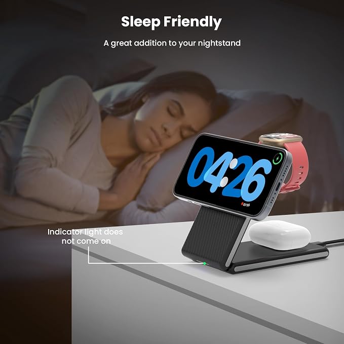 GEEKERA 3 in 1 Magnetic Wireless Charging Station for Fitbit Watch Foldable Wireless Charger Stand for iPhone 16/15/14/13/12 Pro Max Fitbit Watch Versa 4/Versa 3/Sense 2/Sense AirPods 3/2/Pro