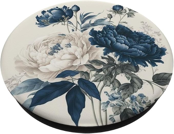 Navy Blue Peonies Blossom Leaves White Flowers Floral Girly PopSockets Adhesive PopGrip