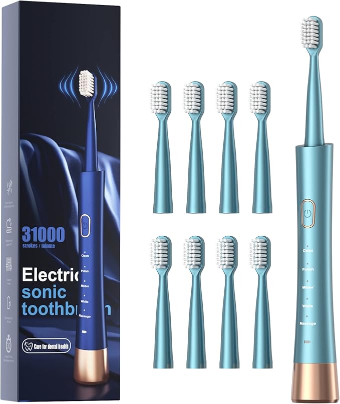 AJELU USB Rechargeable Sonic Electric Toothbrush for Adults, Powered Motor High Vibration Teeth & Gum Care, Soft Dupont Brush Heads, 2 Minutes Timer 5 Modes, Green