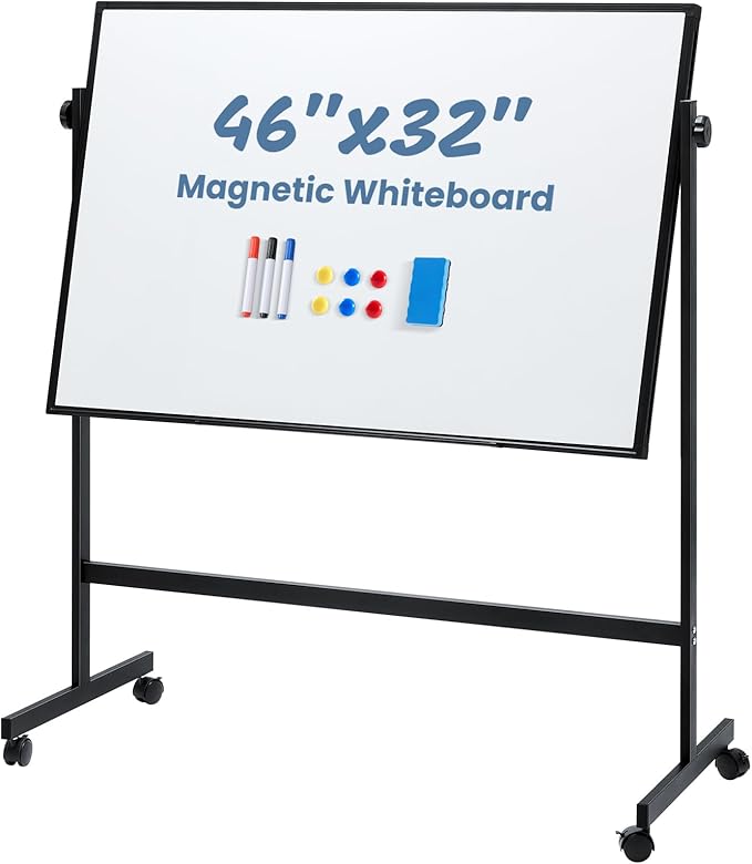 DUMOS Rolling Whiteboard Double Sided 46 x 32 Inches, Magnetic White Board Dry Erase on Wheels, Dry Erase Board with Stand for School, Office and Home, Silver Aluminium Frame, Black
