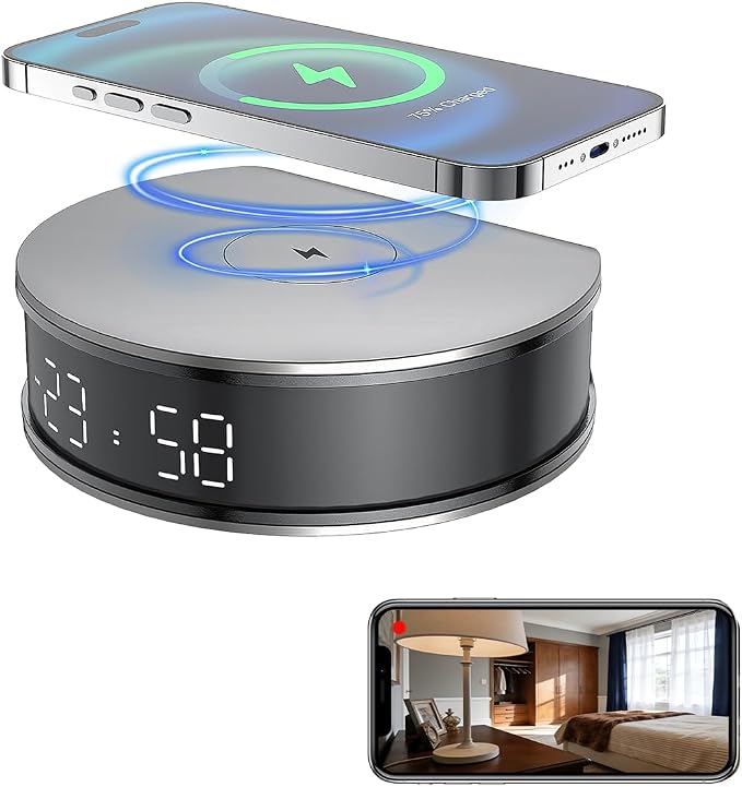 Wireless Phone Charger Clock Hidden Camera 1080P Night Vision/Motion Detection Alarm/App Control/SD Storage Spy Camera for Home Security Indoor.