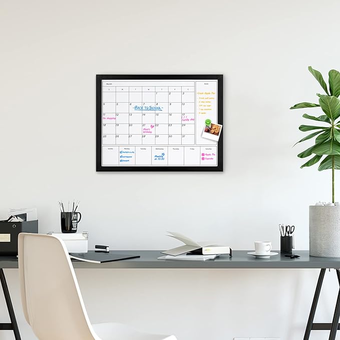 3-in-1 Dry Erase Calendar for Wall, 17x13 inches Magnetic Surface Monthly & Weekly Planner Whiteboard, Dry Erase Board with Black Wood Frame, Hanging White Board Calendar(YL+ZL-BK,4333)