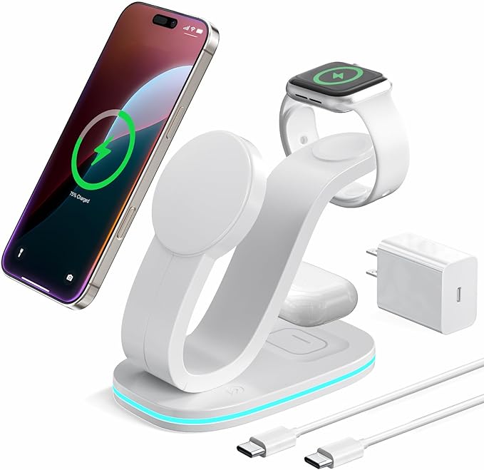 3 in 1 Wireless Charging Station for Qi2 Apple Multiple Devices, 30W USB C Adapter&Light, Fast Mag-Safe Charger Stand Compatible with iPhone 16 15 14 Pro Max, Apple Watch Series 10 9 & Airpods 4 3 Pro