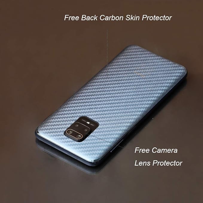 Ibywind Screen Protector For Redmi Note 9with 2Pcs Tempered Glass1Pc Camera Lens Protector1Pc Backing Carbon Fiber Film [Fingerprint ReaderEasy to install]