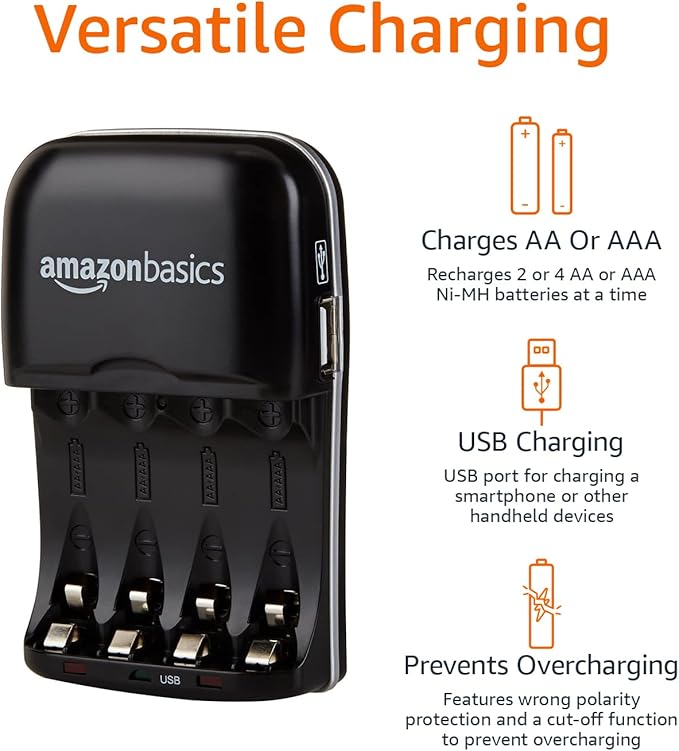 Amazon Basics Rechargeable Battery Charger for AA & AAA Ni-MH Batteries with USB Port, Portable, Travel-Friendly, Over-Charge Protection, Black