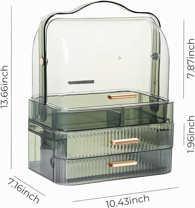 Makeup Organizer, Waterproof & Dustproof Cosmetic Display Cases with 2-Layer and Transparent Cover, Skincare Display Boxes,Makeup Caddy Holder for Vanity Countertop, Bathroom, Dresser, Bedroom, Green