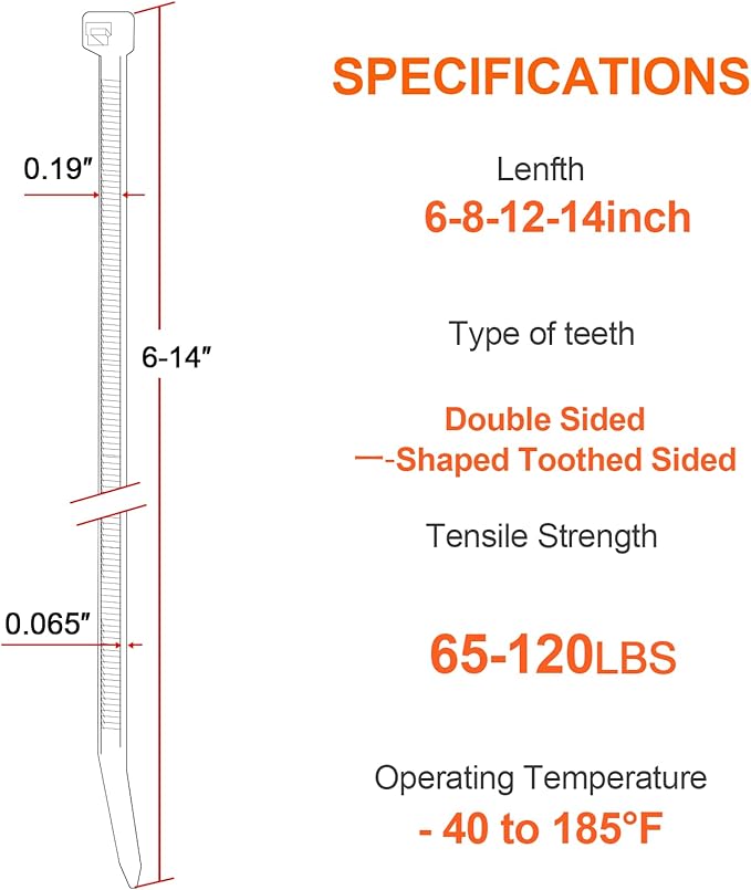 Symretie Assorted Zip Ties (400 Pack) - 6+8+12+14 Inch Double Sided Toothed, 100 LBS Tensile Strength. Heavy Duty Self-Locking Adjustable Nylon Cable Ties, More Durable for Indoor & Outdoor Use.