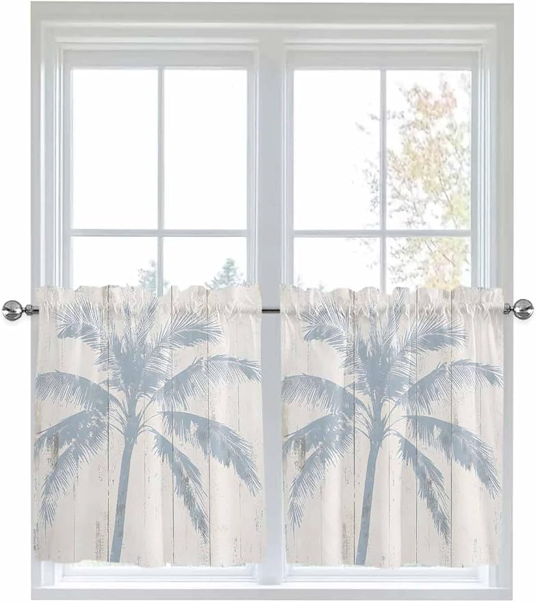 Summer Coconut Tree on Vintage Wood Grain Window Valance Curtains, Seaside