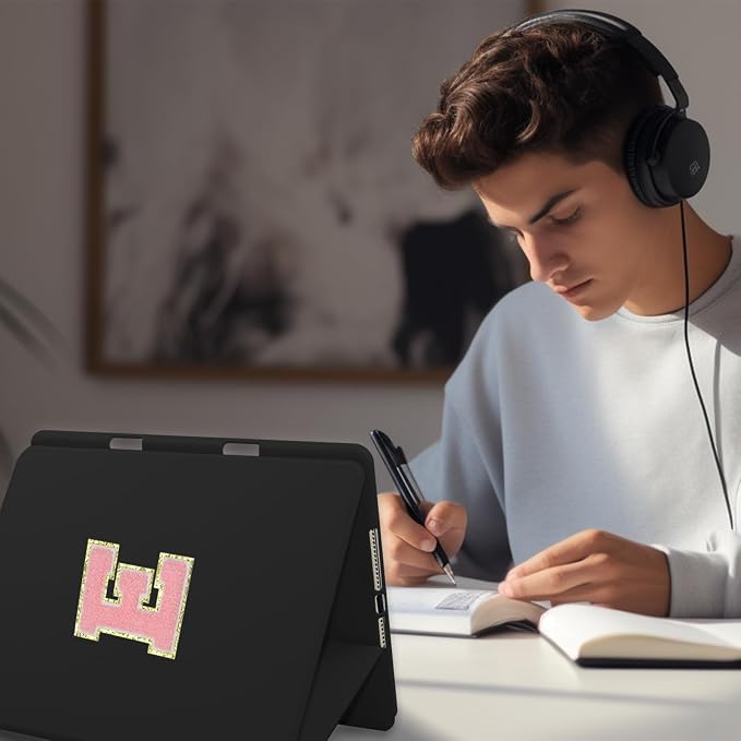 for iPad 9th Generation 10.2 Inch 2021/2020/2019 Case Initial Chenille Letter Suture Personalized for iPad 9th/8th/7th Generation Case with Auto Sleep/Wake Pencil Holder (Black A)