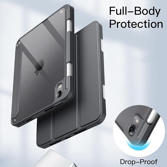 JETech Case Cover for iPad mini A17 Pro/6th Gen (2024/2021) Black | Clear Transparent Back Pencil Holder Slim Shockproof Protection Tri-Fold Stand Auto Wake/Sleep