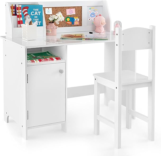 HONEY JOY Kids Desk and Chair Set, Wooden Children School Study Table and Chair w/Whiteboard, Hutch, Storage Shelves, Student Writing Desk Computer Workstation for Bedroom, 3+ Years Old (White)