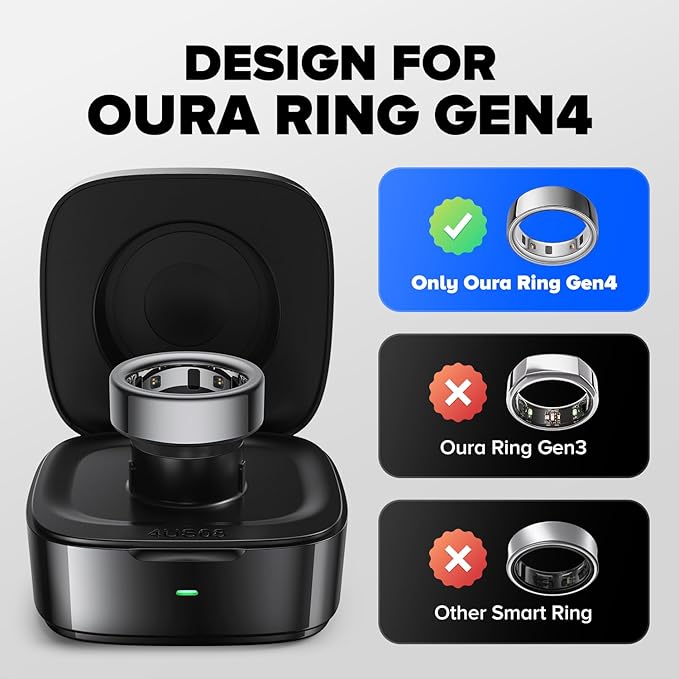 Wireless Charging Case Compatible with Oura Ring Gen 4 Charger, 600mAh Portable Travel Ring Charger Fast Charging Dock with USB-C Cable (Size 9-Black)