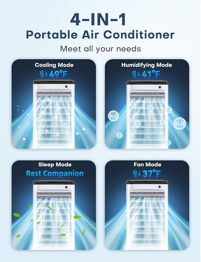 CENSTECH 4-IN-1 Portable Air Conditioners, Evaporative Air Cooler w/3Modes & 3Speeds, 12H Timer for Smart Auto-off, 1-Gal Tank for 15H Cooling, 26FT Remote, No Hose Needed, 70°Oscillating Swamp Cooler