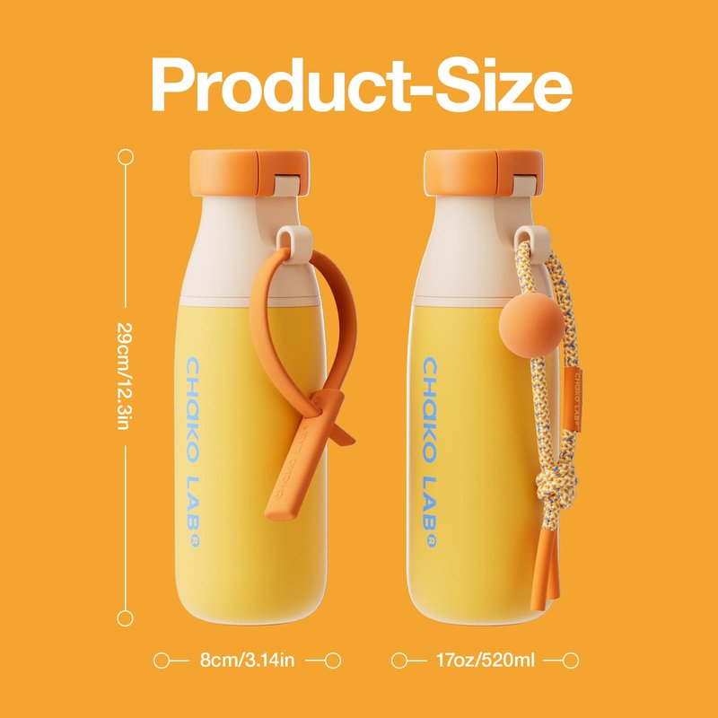 CHAKO LAB Insulated Stainless Steel Water Bottle with Two Strap | BPA-Free Leak Proof | 17oz Bottle with Spout Lid & Straw | Orange Marmalade