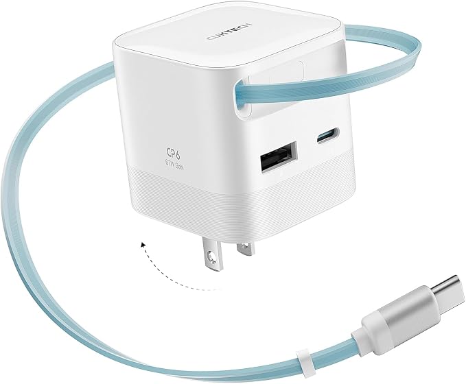 CUKTECH CP6 65W GaN USB C Charger with Built-in Retractable Cable (2.3ft) 2-Port Fast Charging Wall Power Adapter for iPhone 17/16/15 Galaxy S26/S25/S24 Pixel 10/9 MacBook Pro/Air iPad AirPods