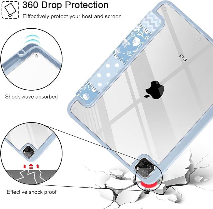 Tuiklol for iPad Pro 11 Inch 4th / 3rd / 2nd / 1st Gen (2022 2021 2020 2018) Case -Built-in Pencil Holder Shockproof Cover Clear Transparent Back Shell with Auto Wake/Sleep Black Flower